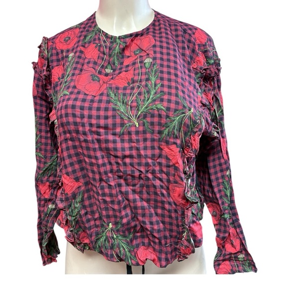 NWT Zara Red and Black Ruffled Graphic Blouse - Picture 4 of 6